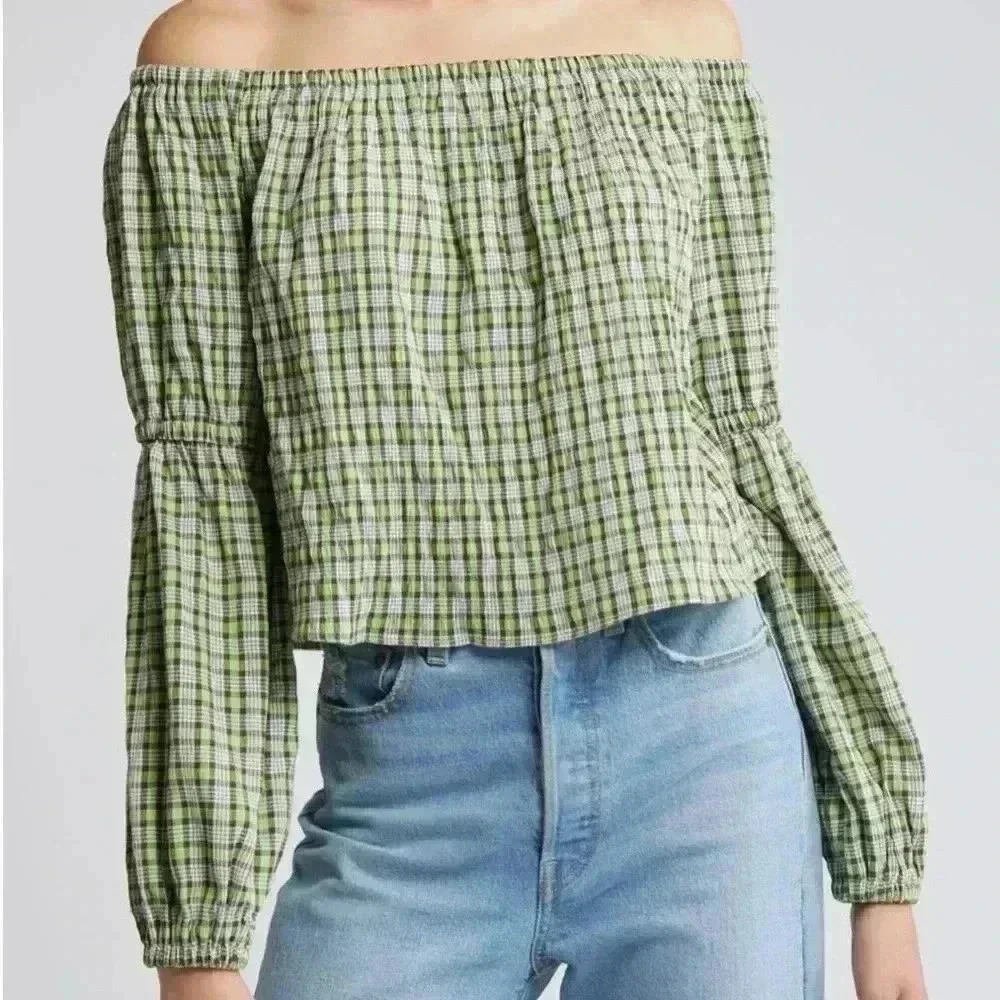 Topshop checkered off the shoulder top in green NWT size medium